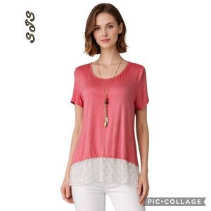 SJS blouse top coral & white lace trim necklace included sz 1x nwts